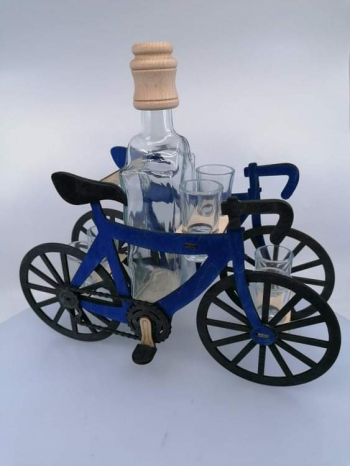 Dekoračná fľaša s pohárikmi, BICYKEL, modrý, 33x30x15 cm