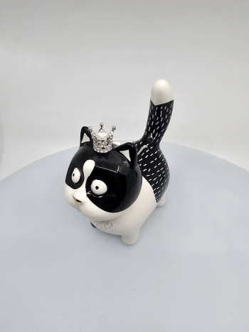 Pokladnička mačka, čiernobiela s korunkou, 15x16x8 cm