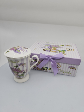 Hrnček na čaj s levanduľovým motívom, s keramickým sitkom a vrchom